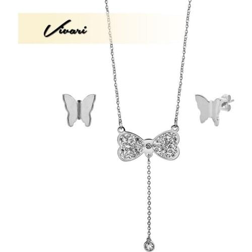 Vivari Womens Fashion Stainless Steel Beads Bow Pendant With Butterfly Earrings A Set of Exquisite Jewelry