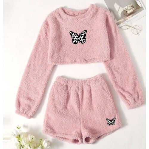 Womens Butterfly Printing Pajama Sets Cotton Soft Long Sleeve O-neck Pullover Vest Long Sleeve Tops + Shorts Set 2021 Summer