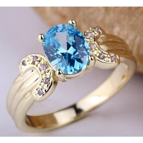 Ladies Double Arc Gold Color Ring with 6x8mm Oval CZ Women Jewelry Fashion Wear Size 6 7 8 R112