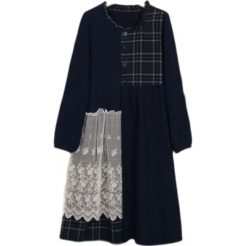 Japanese Lolita Mori Girl Sweet Bohemian Plaid Patchwork Soft Cotton Linen Lace Ruffle Elegant Long Sleeve Women Autumn Dress