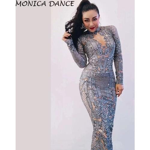 Women Sexy Stage Silver Rhinestones Spandex Dress Womens Birthday Celebrate Outfit Dancer Wear Bar Prom Singer Long Dress