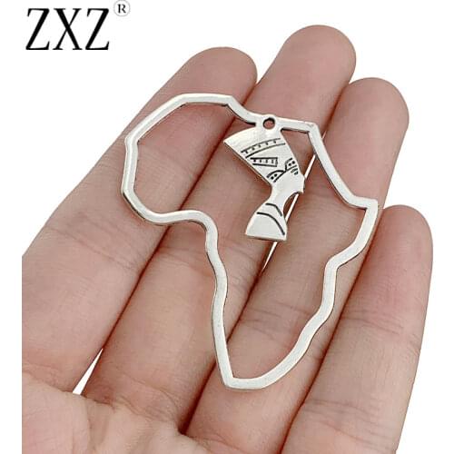 ZXZ 10pcs Tibetan Silver Large Open Africa Map With Egyptian Queen Nefertiti Charms Pendants for Jewelry Making Accessories