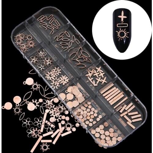 1Box Nail Rivets Rose Gold Metal Rectangle Snowflake Flowers Studs Rhinestone DIY Nail Art 3D Manicure Decoration