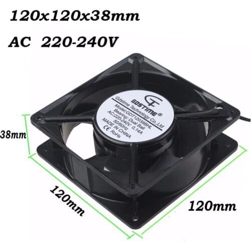 1 pcs Gdstime 2 Wire Without Connector 220V 240 Volt Ball Bearing 120x38mm Metal Cooling Fan AC 220 Volt 12cm 4.68 inch 120mm