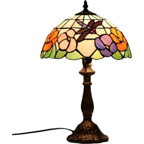 12" Handmade Pastoral Tiffany Flowers Dragonfly Glass Table Lamp for Foyer Bed Room Apartment H 51cm 1004