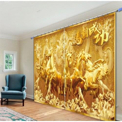 Gold horse 3D Blackout Window Curtains For Living room Bedding room Hotel/Office Curtain Drapes Cortinas para sala