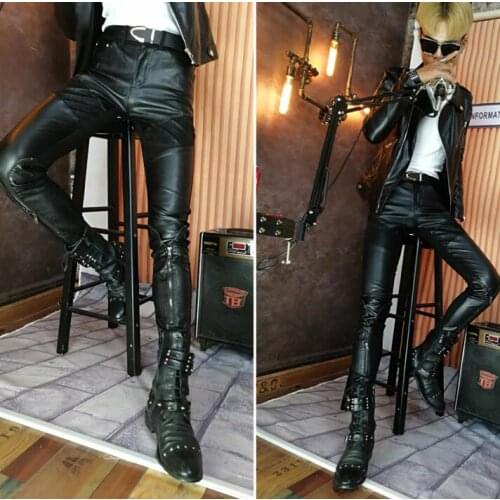 Plus velvet personality fashion motorcycle leather pants mens feet pants pu tight trousers for men pantalon homme splice warm