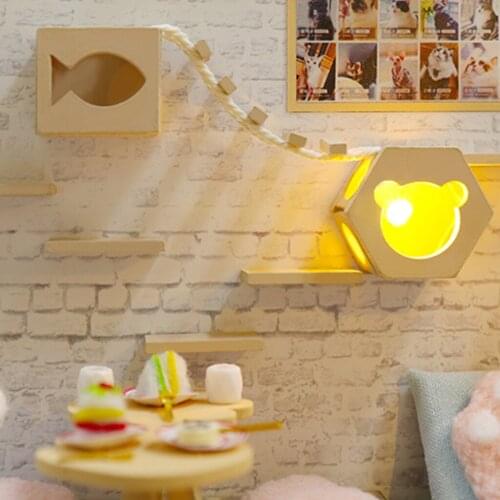 DIY Creative Miniature Dollhouse Cat Coffee Shop LED Light 3D Puzzles Toys for Kids Adults