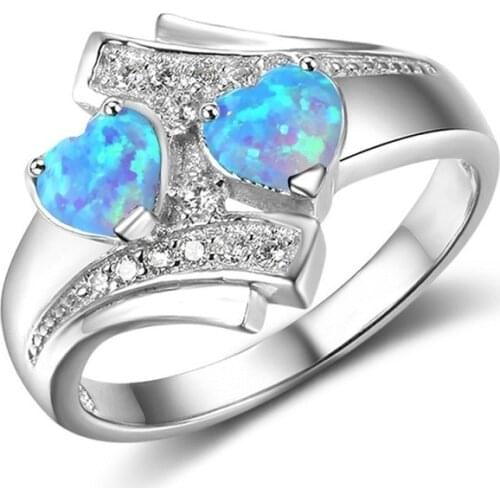Classic Cute Double Heart Fire Opal CZ Ring Fashion Vintage Jewelry for Women Wedding Party Rings