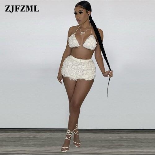 Imitate Rabbit Fur Plush Two Piece Set Autumn Winter Clothes Halter Neck Backless Bra Tops and High Waist Short Warm Tracksuit