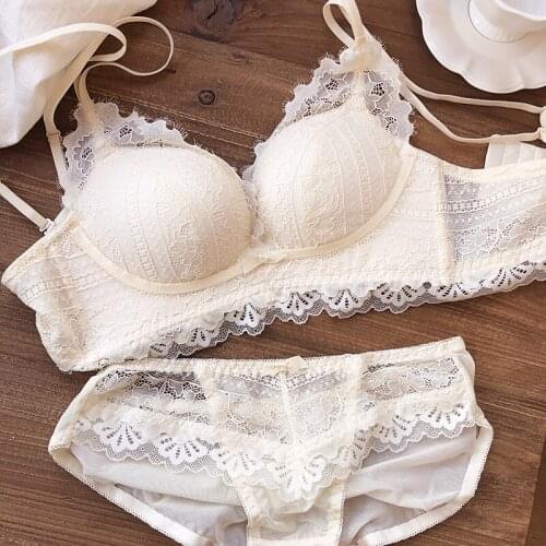 Color-blocking lace thin upper and lower thick bra set small breasts gathered underwear comfortable no steel ring girl lingerie