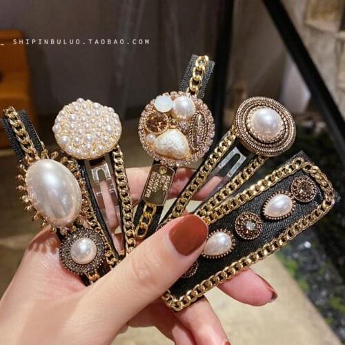 Korea new trendy C style black hairpin female retro baroque pearl rhinestone side clip bangs clip