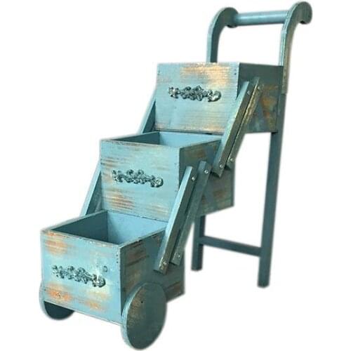 American Country Distressed Solid Wood Mini Trolley Garden Groceries Succulent Flower Pot Ladder Window Table-Top Decoration