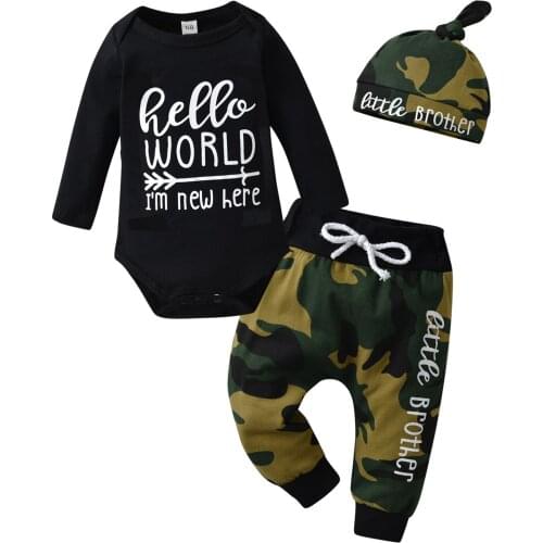 Fashion Baby Clothing Sets Cotton Cool Toddler Baby Outfit Set Camo Clothes Set Newborn Boy Bodysuit+Long Pants+Hat Infant Suit