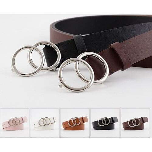 2020 NEW Woman Double Ring Buckle belt for Jeans Vintage fashion Casual All-Match silver buckle artificial leather waistband