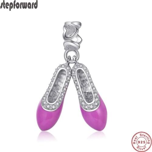 Top Quality New Arrival Ballet Shoes Hanging Charm For Bracelet And Necklace Beautiful Pink Enamel 925 Sterling Silver Jewelry