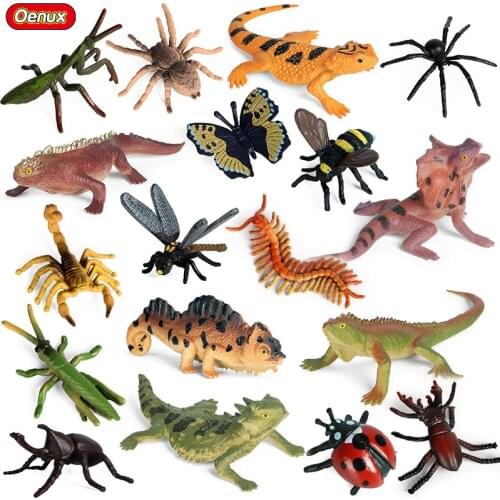 Oenux 18PCS/Set Mini Reptile Animals Simulation Lizard Bee Butterfly Action Figures Cake Toppers Model Educational PVC Kids Toy