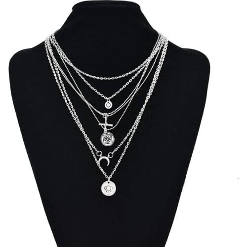 Fashion Multilayer Necklace Eye Moon Heart Pendant Golden Women Boho Necklace Chocker Jewlery Link Chain Collares Trendy Gift