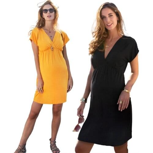 Short Sleeve Maternity Dress Loose And Comfortable Maternity Dress Deep V-Neck Short Sleeve Nursing Dress Medium Length Maternit