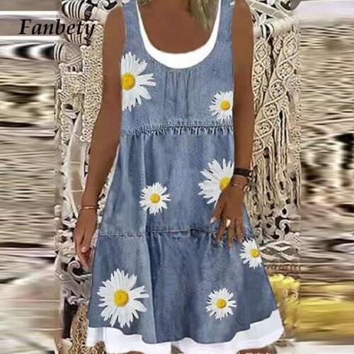 Vintage Sunflower Print Tunic A-Line Dress Women 2021 Summer Casual Square Collar Sleeveless Mini Dress Ladies Loose Beach Dress