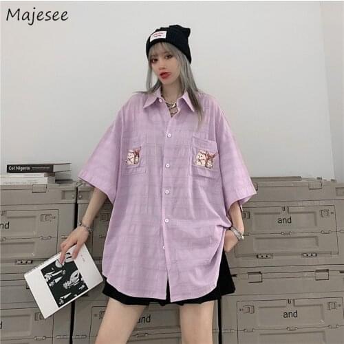 Shirts Women Summer Fashion Cartoon Couple Japanese Style Vintage Turn-down Collar Sweet College Female Tops Harajuku All-match