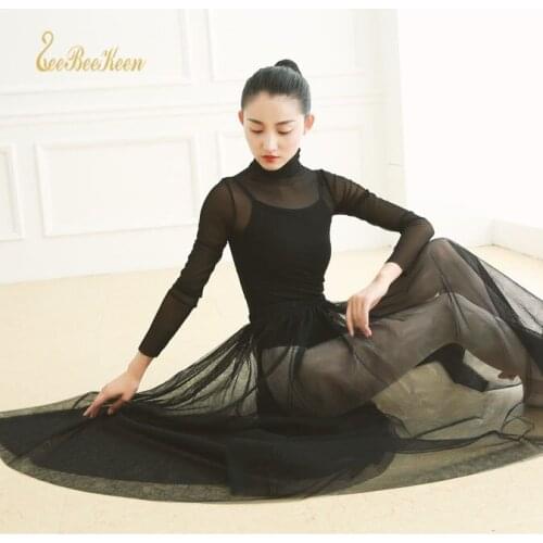 Sexy Translucent Gauze Ballet Dance Jumpsuit F Adult High-necked Ballet Gauze Long-sleeved Women Ballet Leotards Dance Bodysuit