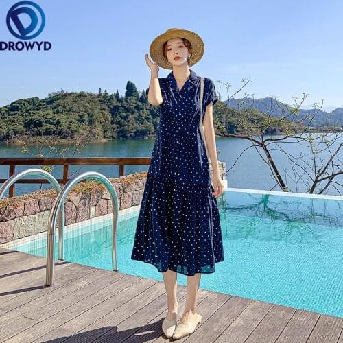 Vintage Dot Printed Chiffon Dress High Waist Notched Collar Short Sleeve Single Breasted Elegant Party Vestidos Chic Summer 2021