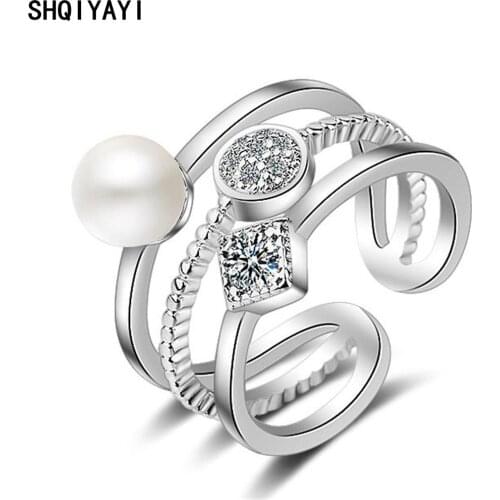 SHQIYAYI White Imitation Pearl Resizable Finger Rings For Women Cocktail Party Fashion Jewelry Cubic Zirconia 197