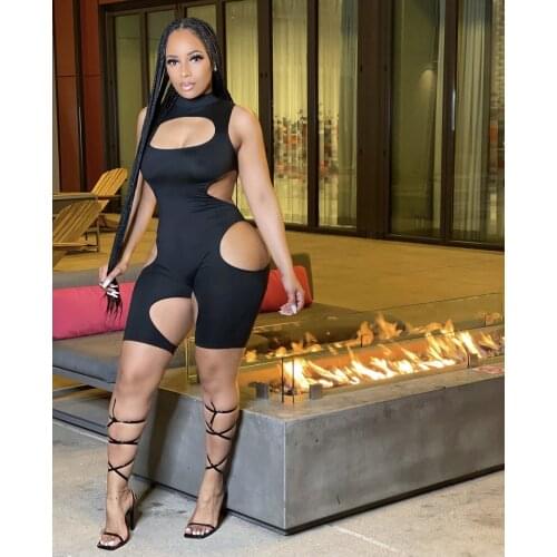 Fitness Sporty Playsuit 2021 Summer Solid Color Hollow Out Sleeveless Biker Playsuits Skinny Activewear Jogging Overalls