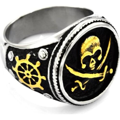 FANSSTEEL Stainless Steel Jewelry Cross sord Rudder Captain Pirate Skull Ring FSR20W59G