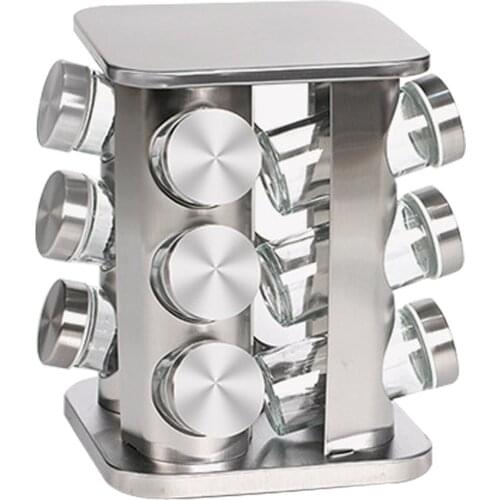 Revolving Rotating Storage With 12 Glass Jars Home Container Spices Stainless Steel Seasoning Rack Free Standing Herbs Condiment