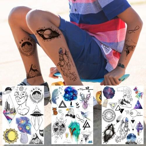 Creative Planets Temporary Tattoos For Children Adult Realistic Fake Washable Tatoos Sticker DIY Skull Wolf Feather Tatoo Galaxy
