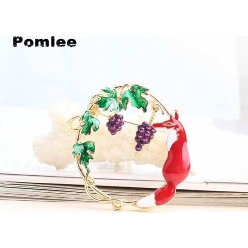 Pomlee 2 Colors Fox And Grapes Brooches For Women Fashion Kids Cartoon Animal Pin Brooch Fox Badge Jewelry Gift for Friends