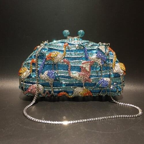 Luxury Bling Rhinestones Evening Bags Women Handmade Full Diamonds Flamingo Pattern Square Handbag Female Dinner Party Clutch