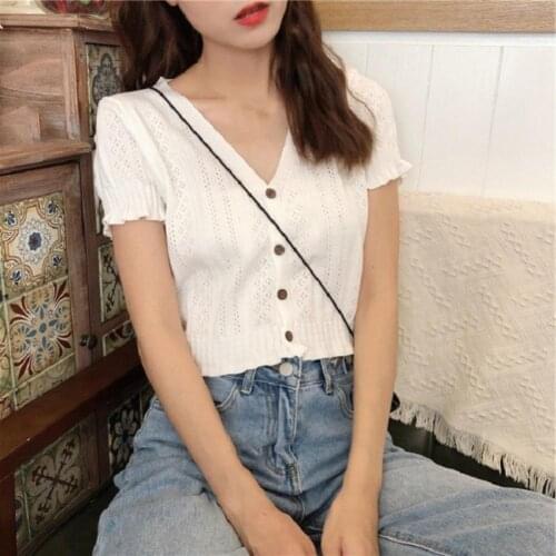 Crop Top Knitted Hollow Out Women Short Sleeve V Neck T-shirt for Dating tops for women fashion 2021 Street wear Pink One Size