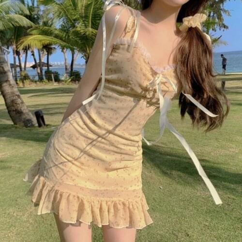2021 Fashion Bandage Women Yellow Dress Summer Cute Mini Cottagecore Dress Aesthetic Elegant Sexy Fairy Dress Beach Sundress y2k