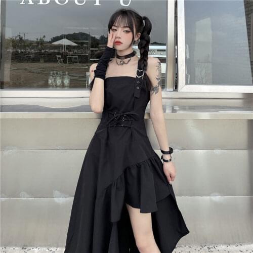 Lady Dark Punk Lace-up Waist Strap Sleeveless Dresses Streetwear Women Black Gothic Backless Slim Irregular Dress 2021 Summer