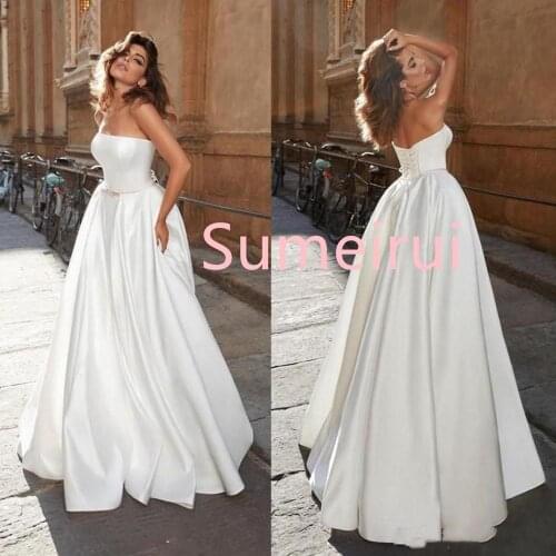 Sexy Strapless A-Line Wedding Dresses 2022 Simple Satin Corset Lace-up Back Bridal Gowns Cheap Robe de mariee Wedding Dress