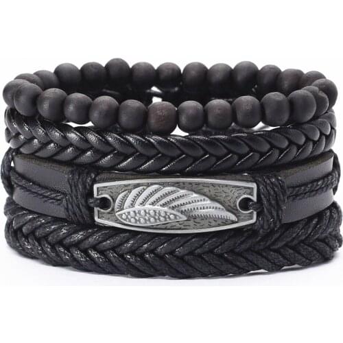 New Trendy 4 Pcs/set Owl Cross Leaf Feather Charm Wrap Weave Leather Bracelets Men Women Homme Femme Male Jewelry Wholesale