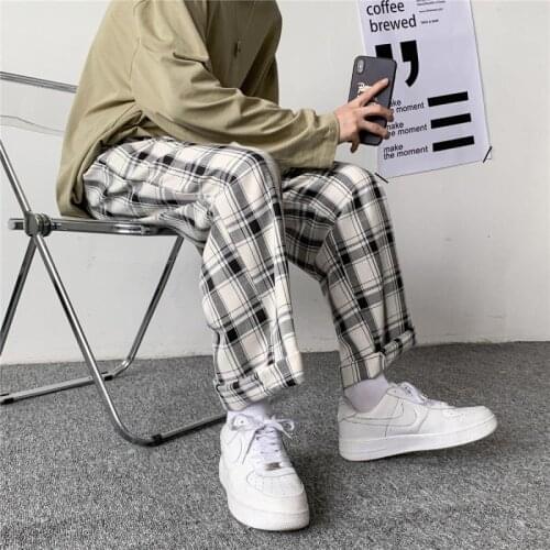 Summer Women Men Plaid Pants Chic Wide Leg Trousers Loose Retro Casual Elastic High Waist Fashion Streetwear Korean Style 2021