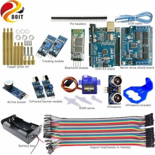 DOIT 1 set Bluetooth Control Kit with UNO R3 Board+Motor Drive Shield Board+Ultrasonic Sensor for Tracking Obstacle DIY