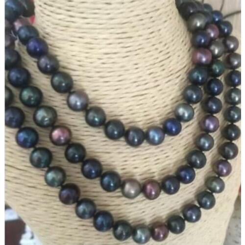 Elegant 9-10mm Tahitian round black green multicolor pearl necklace 36" 50" Yellow clasp