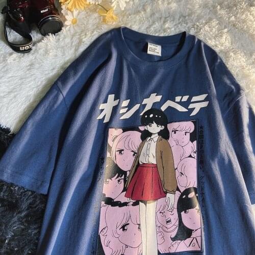 Japanese Comic Girl Print Cotton T Shirts Women Kawaii Clothes Plus Size Loose Summer Tees 2021New Harajuku Goth Shirt Tees Tops
