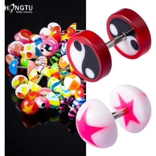 HONGTU Wholesale Acrylic 16G Cheater Fake Ear Plugs Colorful Faux Ear Flesh Tunnel Gauges Stretcher Stud Earrings Mixed Color