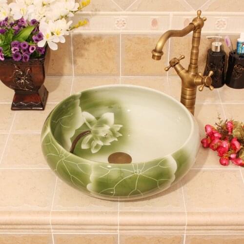 Artistic Handmade porcelain Round bathroom counter top ceramic sink bathroom art basin Lotus pattern