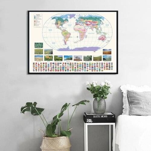 The World Map with National Flags Canvas Painting Photography Cloth Art Pictures Retro Poster School Supplies Home Decoration