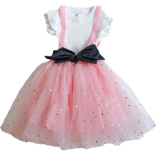Baby Girls Clothing Set Summer Korean Flying Sleeve T-Shirt+Suspender Skirt Bow Kids 2PCS Suit Toddler Girl Shining Star Costume