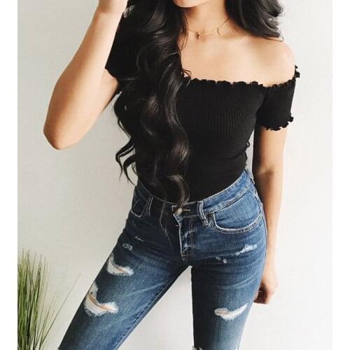 Summer new off shoulder tops t shirts for women clothing fashion slim t-shirt hot sale short sleeve solid short t-shirts