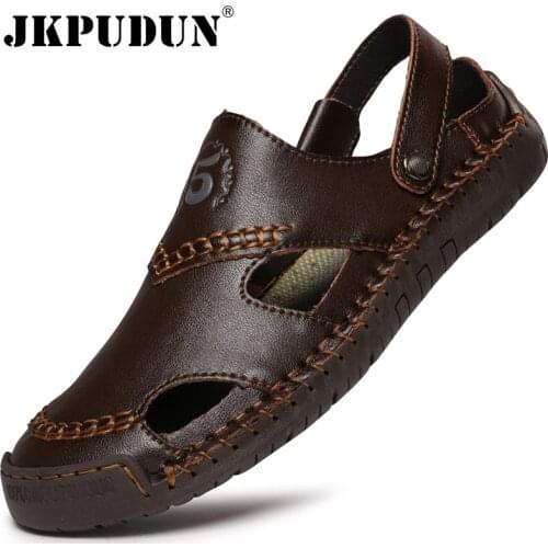 Genuine Leather Mens Sandals Summer Breathable Men Casual Shoes Non-slip Outdoor Men Beach Shoes Roman Slippers Plus Size 38-47