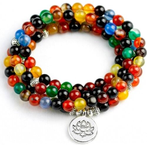 Natural Coloful Onyx Stone Bedas Strand Bracelet Men Women 6MM Buddhist Prayer Mala 108 Necklace OM Tree Charm Yoga Jewelry